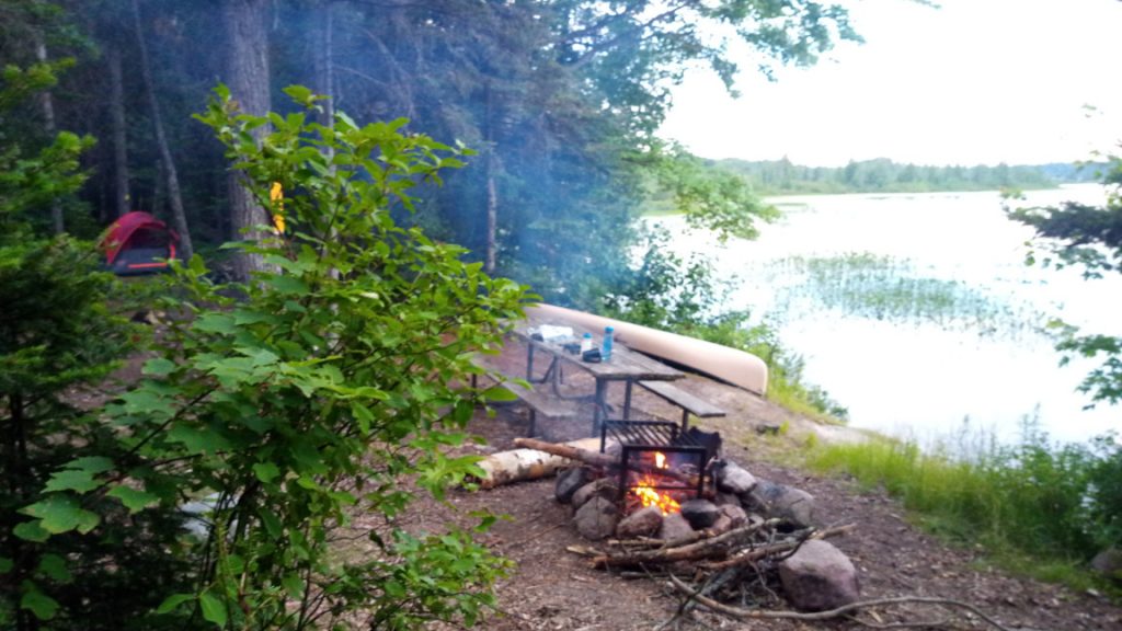 View of campsite with the lake on the right, the picnic table, canoe and fire pit in the center and on the other side of a bush in the foreground is the tent, way off on the left.