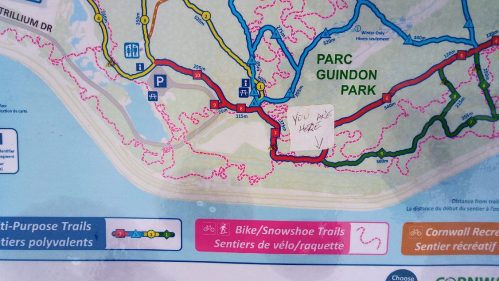 Map of the Guindon Park trails with a note showing "you are here"