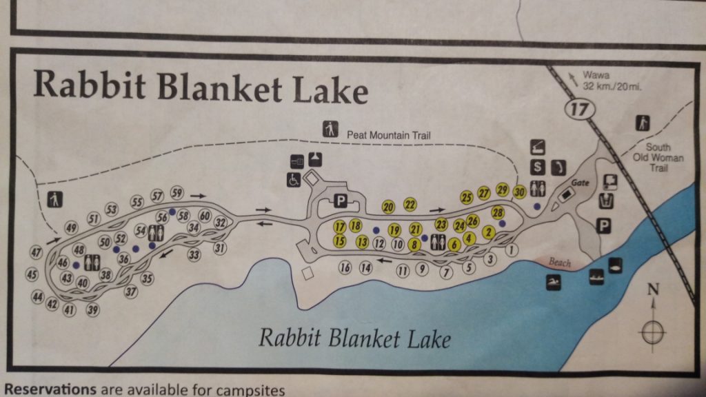 Map of Rabbit Blanket Campground provided by at the park gate. Peat Mountain Trail is north of the campground and Rabbit Blanket Lake is to the south.
