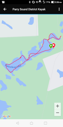 A screenshot of the canoeing I did around Pakeshkag Lake that was captured by my Garmin watch.