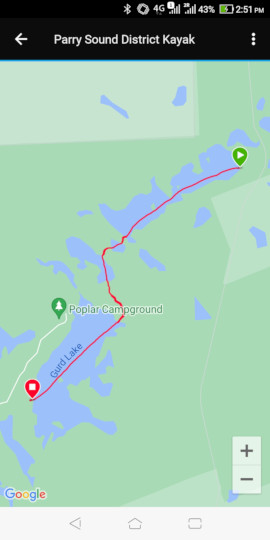 A screenshot of the canoe and portage route captured by my Garmin watch. Going from my campsite on Pakeshkag Lake to my parking spot on Gurd Lake.