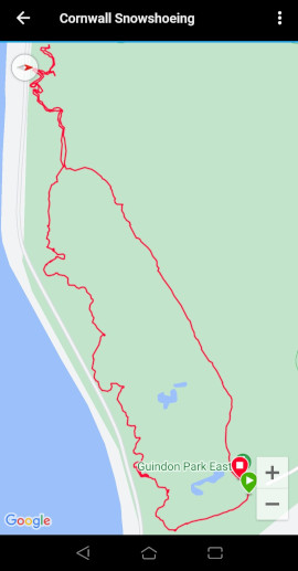 Screenshot of a google map with an outline of my snowshoe trail